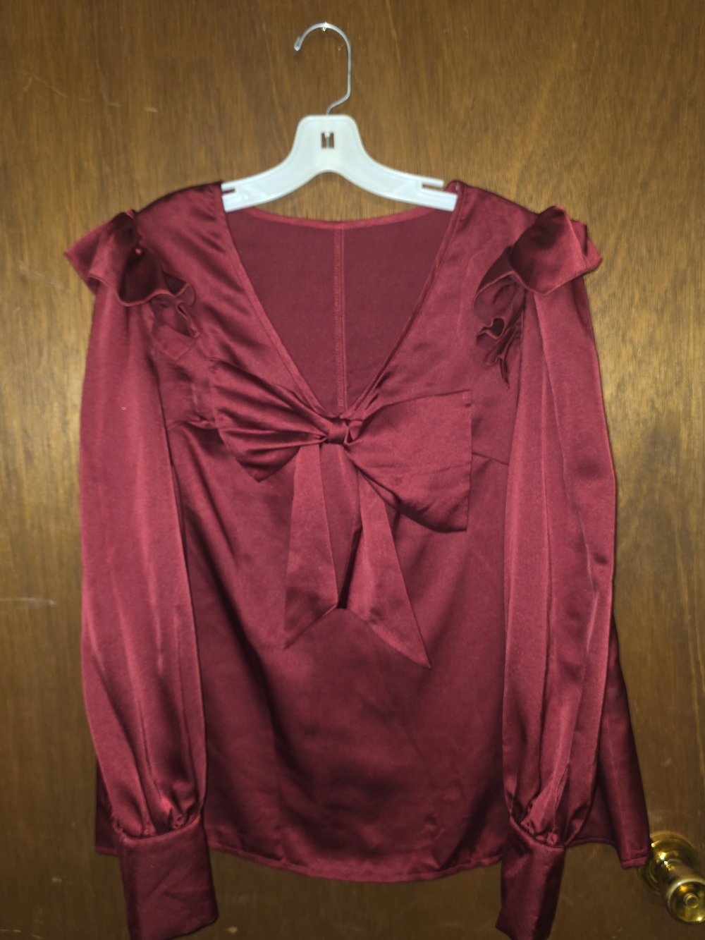 SHEIN Burgundy Satin Ruffle Shoulder Bow-Front Blouse